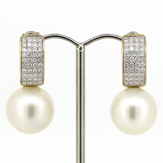 Yellow Gold, White Cultured South Sea Pearl and Diamond, Drop Earrings