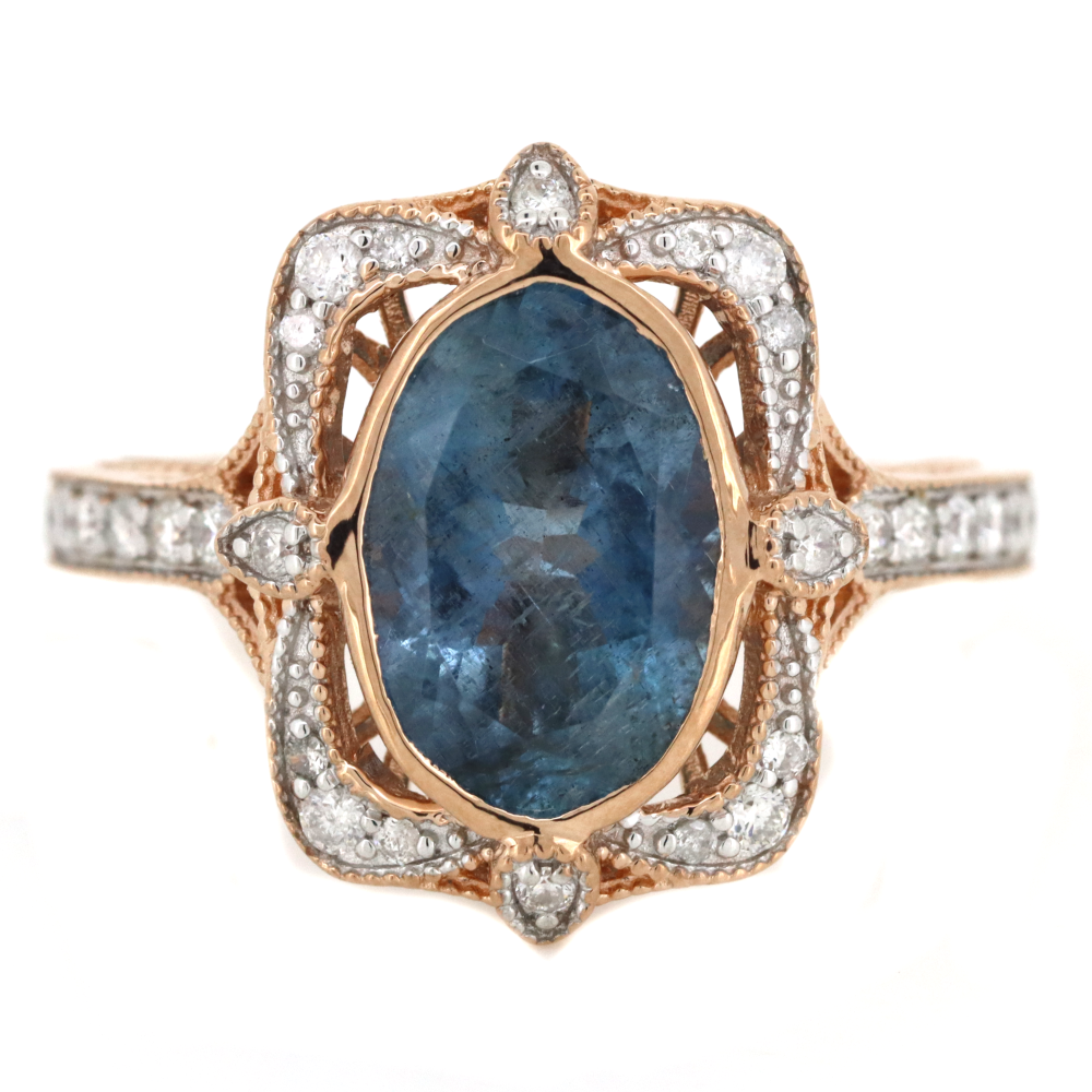 3.04ct Rose Gold Aquamarine and Diamond Antique Inspired Halo Ring
