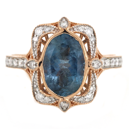 3.04ct Rose Gold Aquamarine and Diamond Antique Inspired Halo Ring
