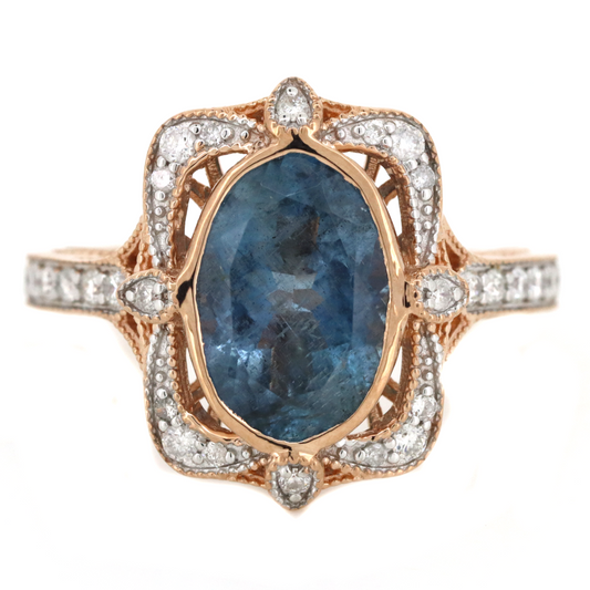 3.04ct Rose Gold Aquamarine and Diamond Antique Inspired Halo Ring
