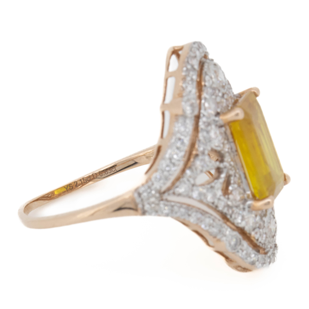 2.15ct Rose Gold Yellow Sapphire and Diamond Art Deco Inspired Statement Ring