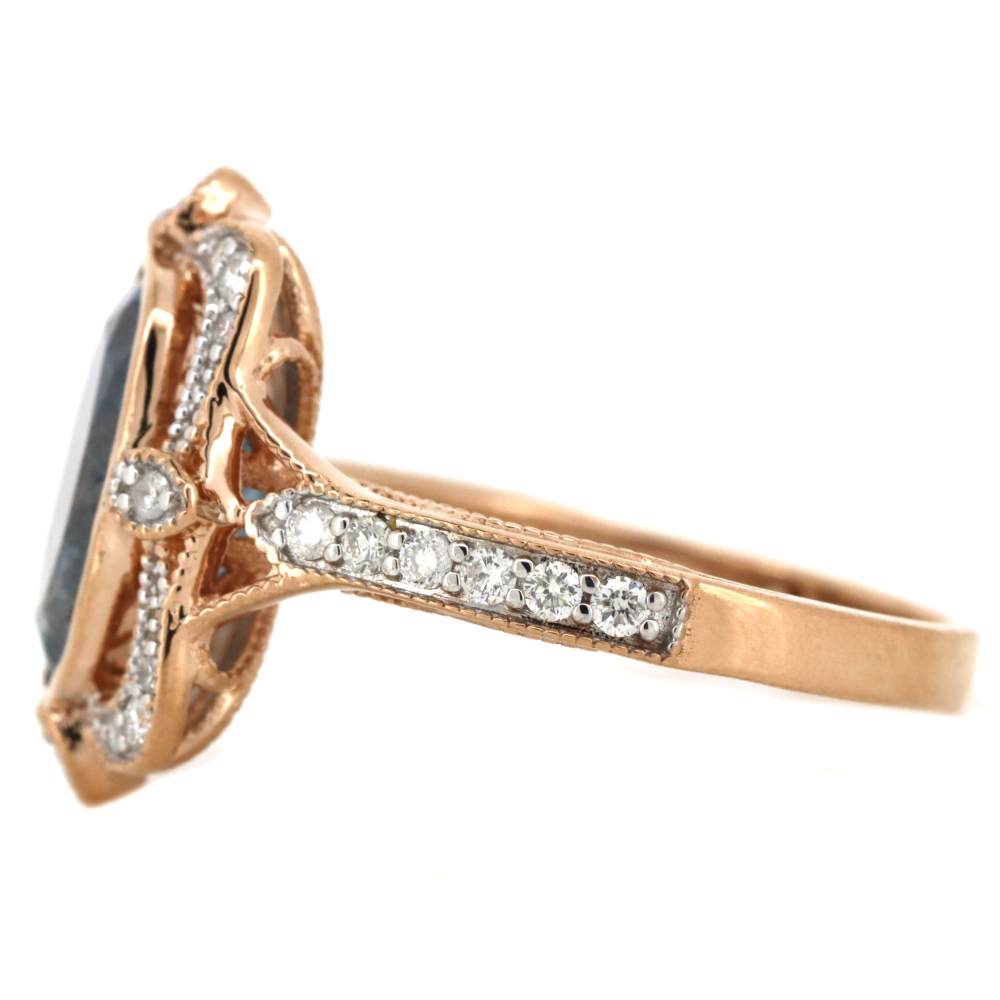 3.04ct Rose Gold Aquamarine and Diamond Antique Inspired Halo Ring