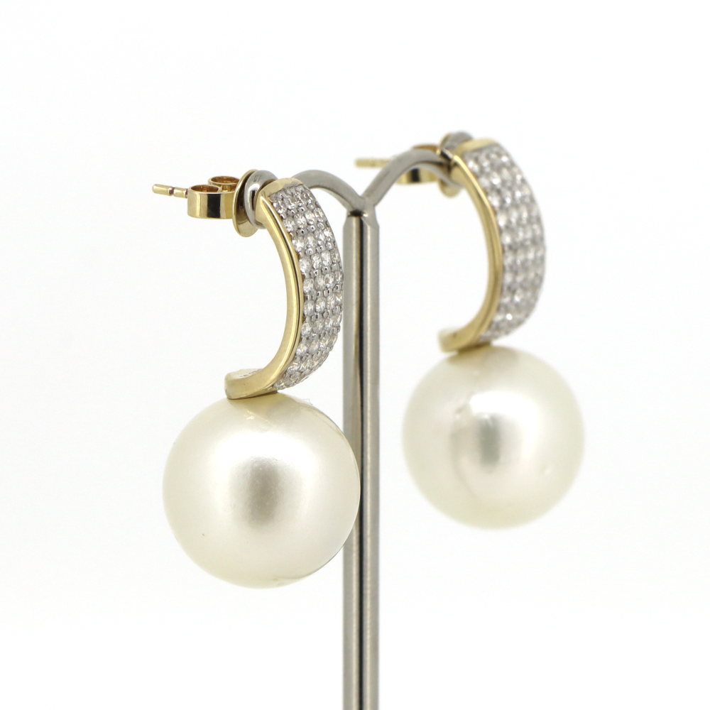 Yellow Gold, White Cultured South Sea Pearl and Diamond, Drop Earrings