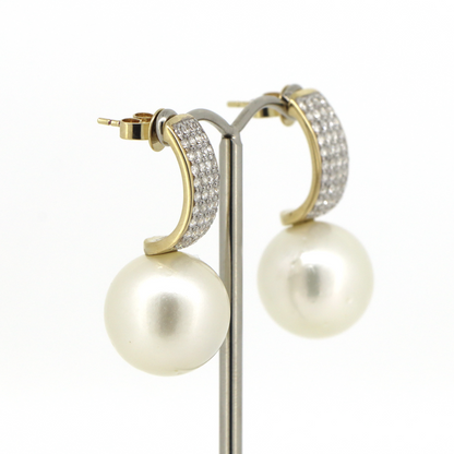 Yellow Gold, White Cultured South Sea Pearl and Diamond, Drop Earrings