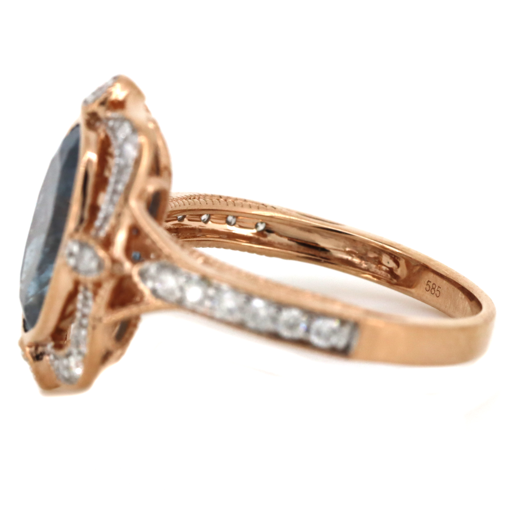 3.04ct Rose Gold Aquamarine and Diamond Antique Inspired Halo Ring