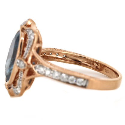3.04ct Rose Gold Aquamarine and Diamond Antique Inspired Halo Ring