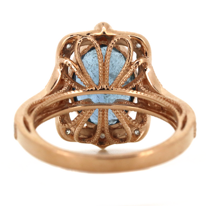3.04ct Rose Gold Aquamarine and Diamond Antique Inspired Halo Ring