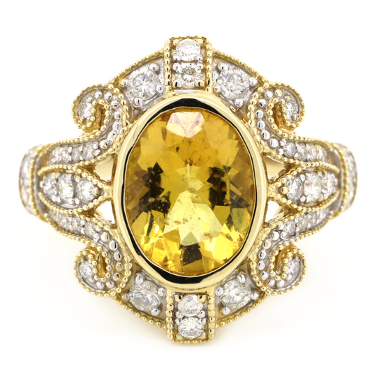 Yellow Gold Golden Beryl and Diamond Antique Inspired Ring