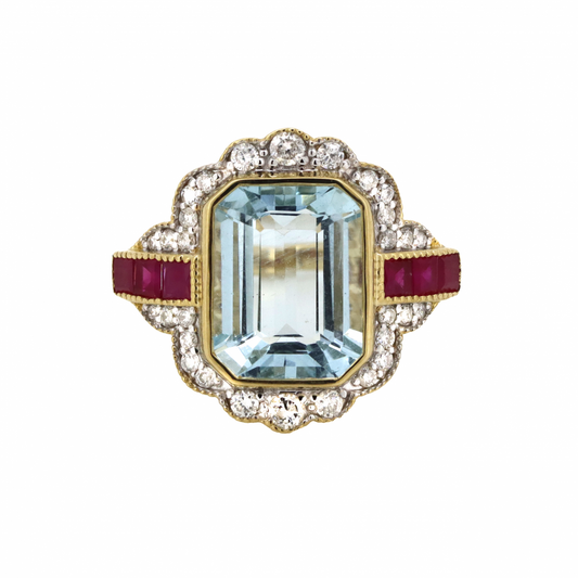 Yellow Gold Aquamarine, Ruby, and Diamond Ring