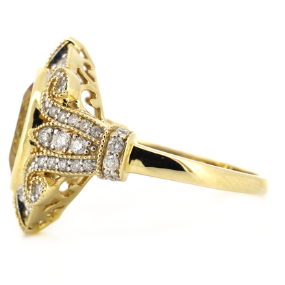 Yellow Gold Golden Beryl and Diamond Antique Inspired Ring