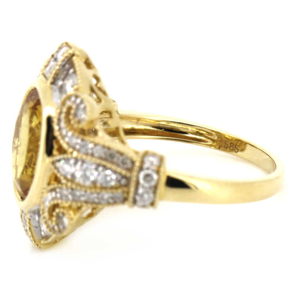 Yellow Gold Golden Beryl and Diamond Antique Inspired Ring
