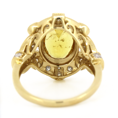 Yellow Gold Golden Beryl and Diamond Antique Inspired Ring