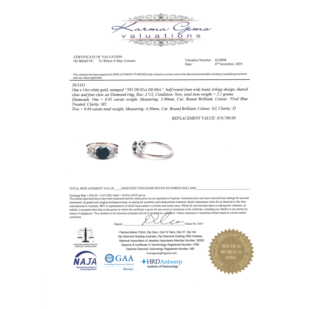 White Gold Blue Diamond Trilogy Ring