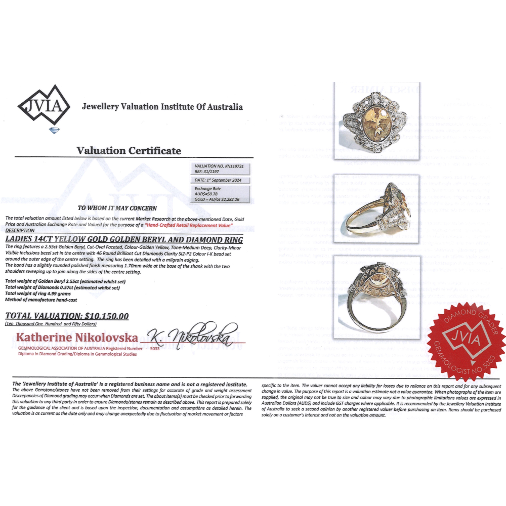Yellow Gold Golden Beryl and Diamond Antique Inspired Ring