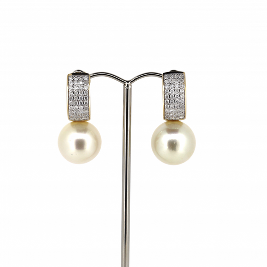 White Cultured South Sea Pearl and Diamond Drop Earrings