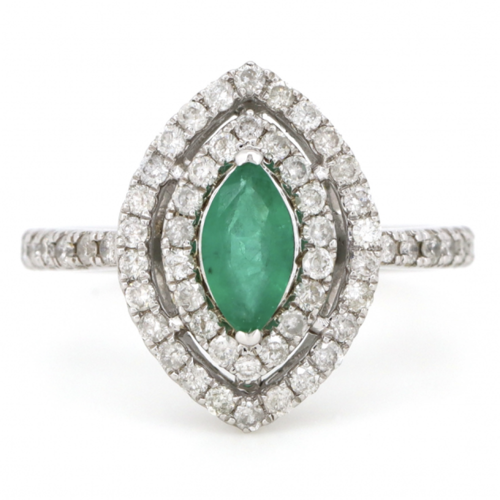 White Gold Emerald and Diamond Double Halo Ring
