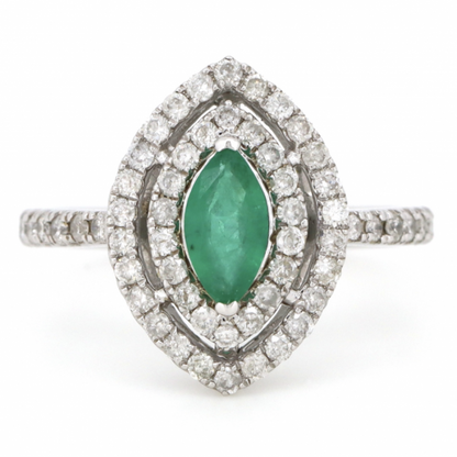 White Gold Emerald and Diamond Double Halo Ring