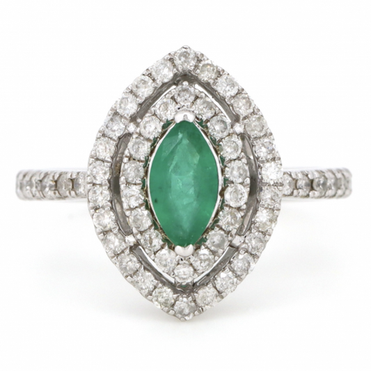 White Gold Emerald and Diamond Double Halo Ring