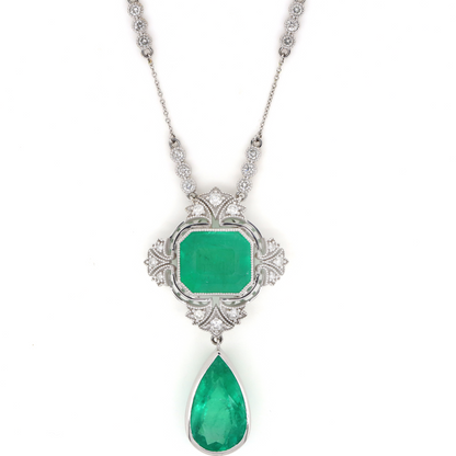 9.16ct White Gold Colombian Emerald and Diamond Halo Pendant Necklace