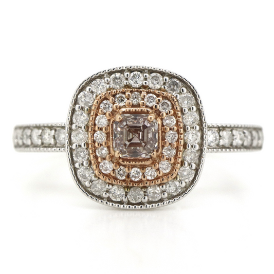 White/Rose Gold, Pink Champagne Diamond and Diamond, Double Halo Ring