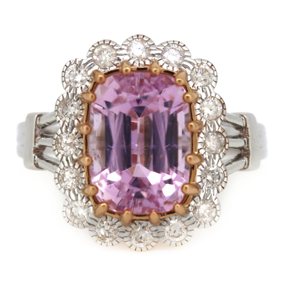 White/Rose Gold Kunzite & Diamond Halo Ring