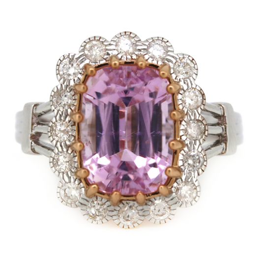 White/Rose Gold Kunzite & Diamond Halo Ring