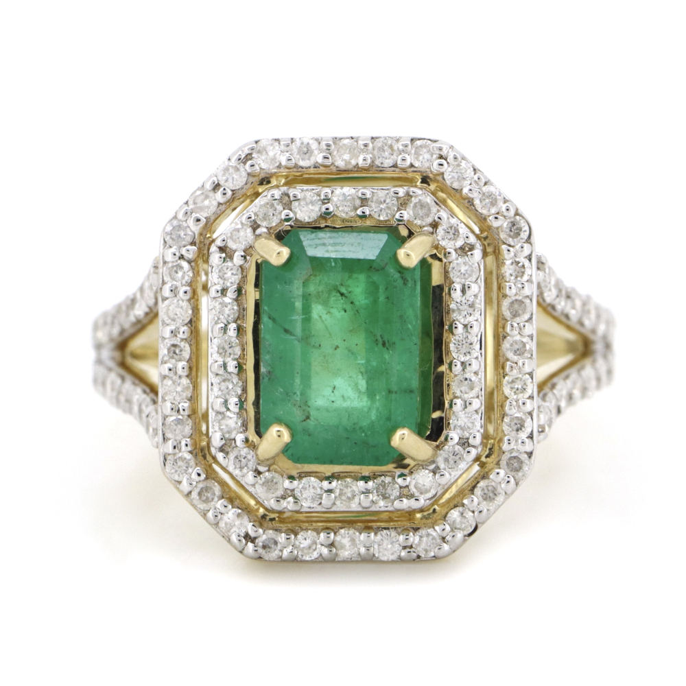 1.85ct Yellow Gold Zambian Emerald and Diamond Double Halo Split Band Ring