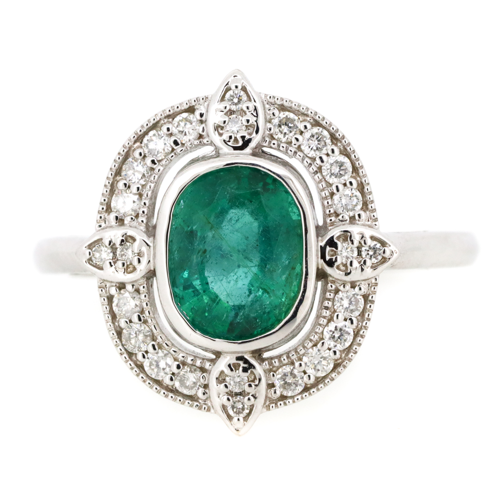1.43ct White Gold Emerald and Diamond Halo Ring