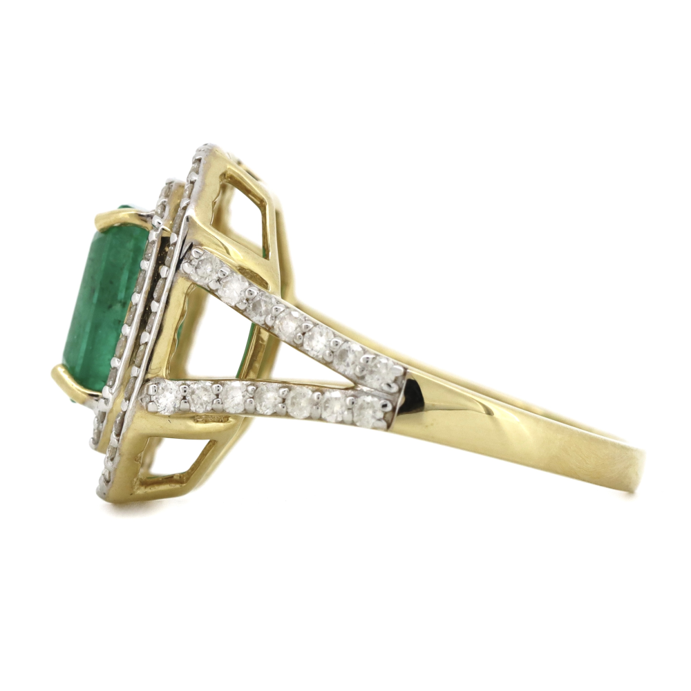 1.85ct Yellow Gold Zambian Emerald and Diamond Double Halo Split Band Ring