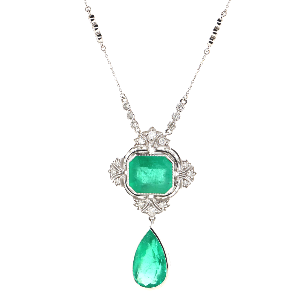 9.16ct White Gold Colombian Emerald and Diamond Halo Pendant Necklace