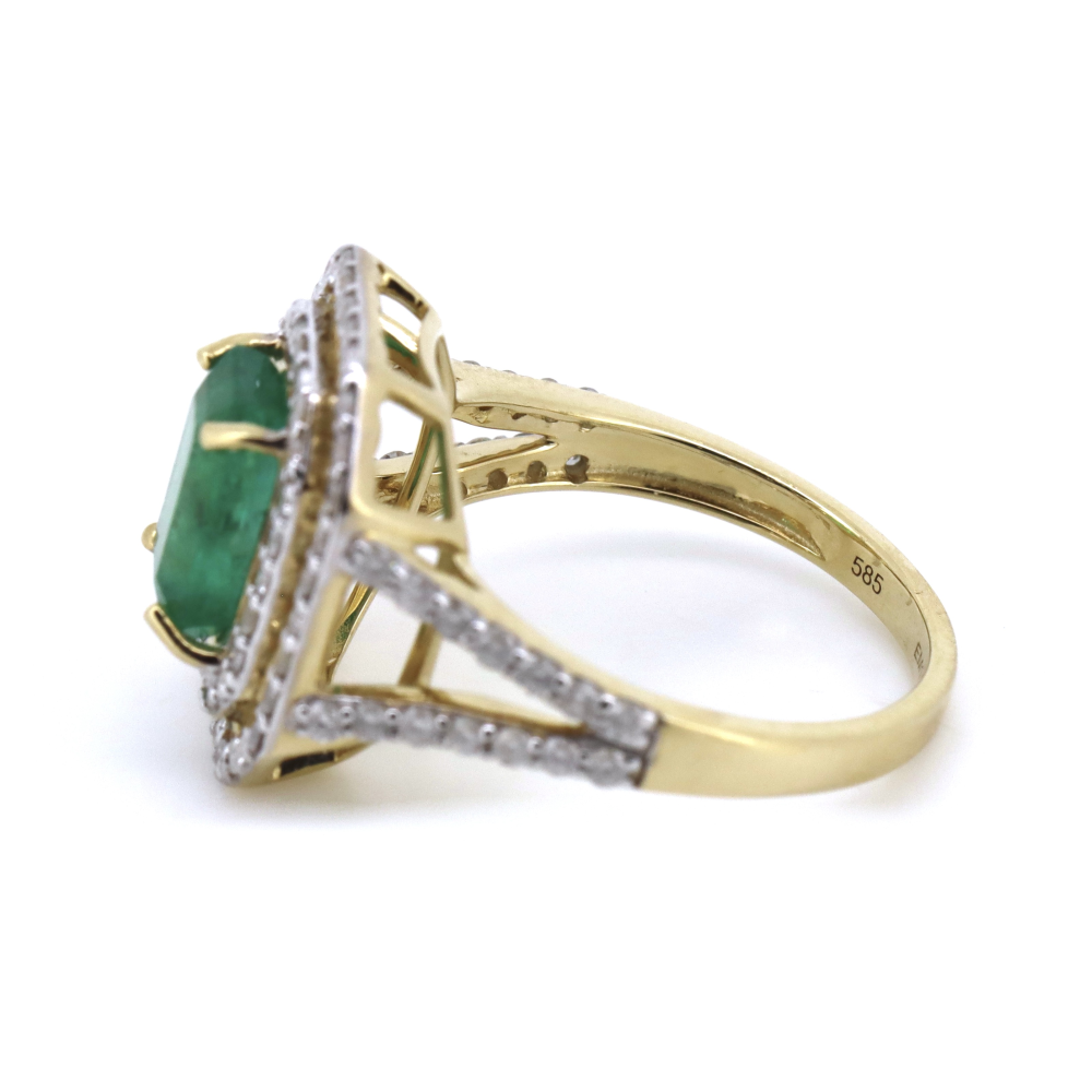 1.85ct Yellow Gold Zambian Emerald and Diamond Double Halo Split Band Ring