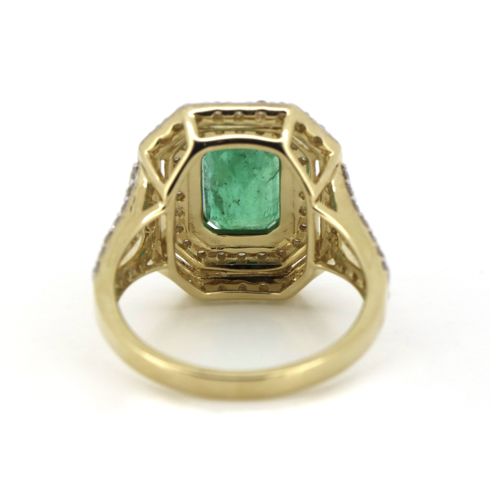 1.85ct Yellow Gold Zambian Emerald and Diamond Double Halo Split Band Ring