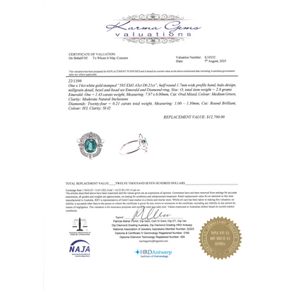 1.43ct White Gold Emerald and Diamond Halo Ring