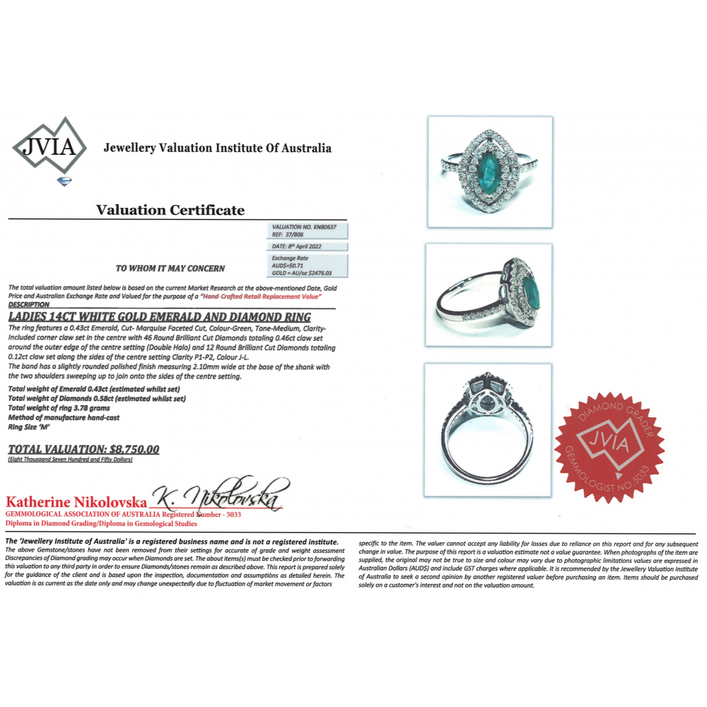 White Gold Emerald and Diamond Double Halo Ring