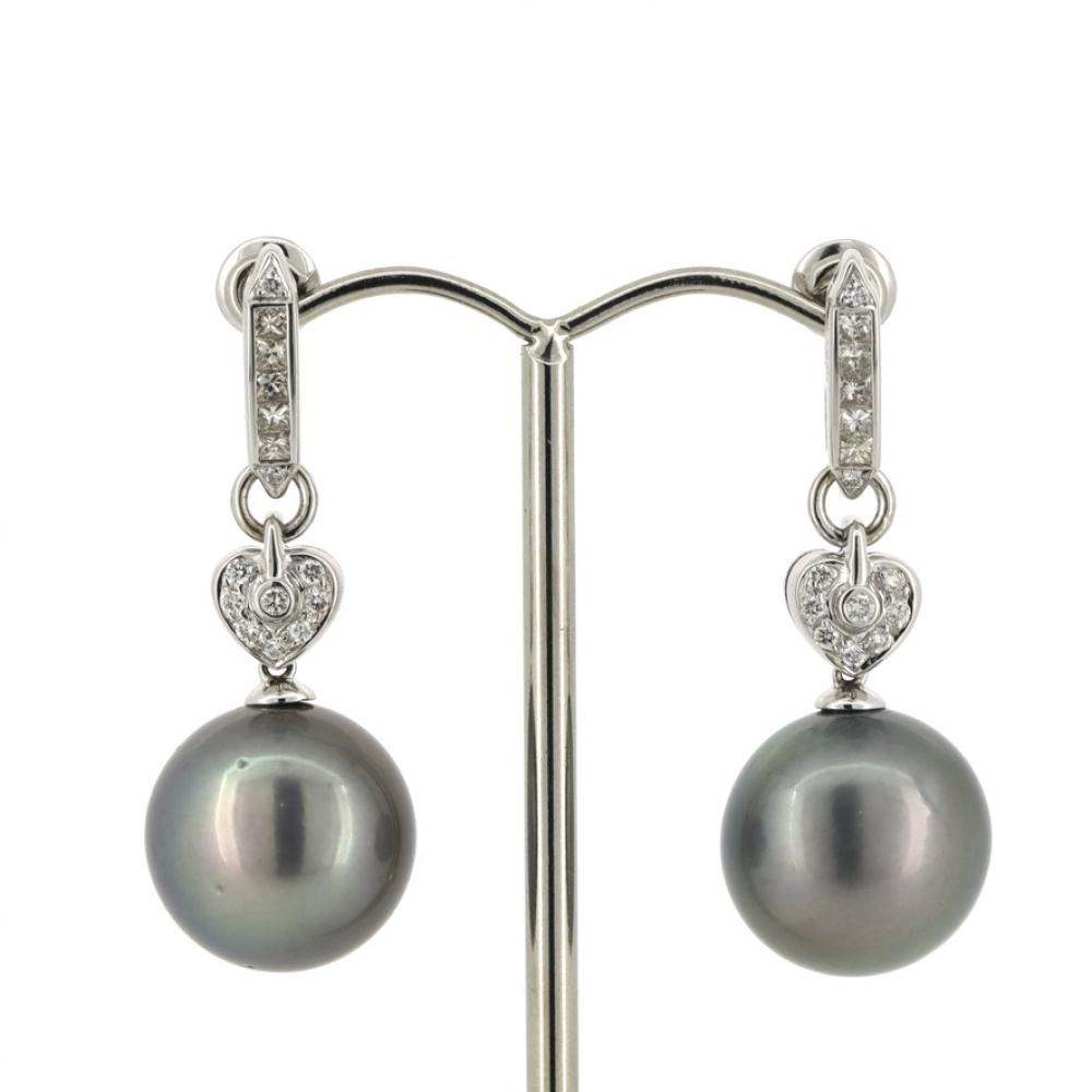 Tahitian Black Pearl and Diamond Art Deco Style Drop Earrings