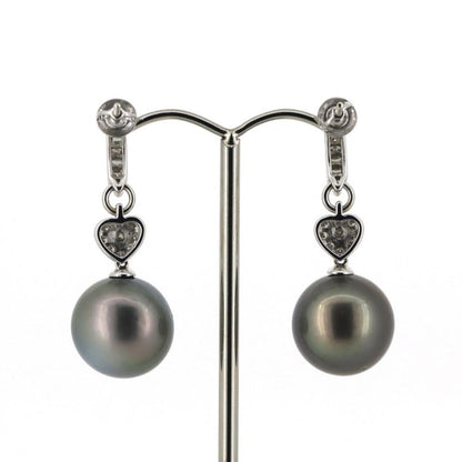 Tahitian Black Pearl and Diamond Art Deco Style Drop Earrings