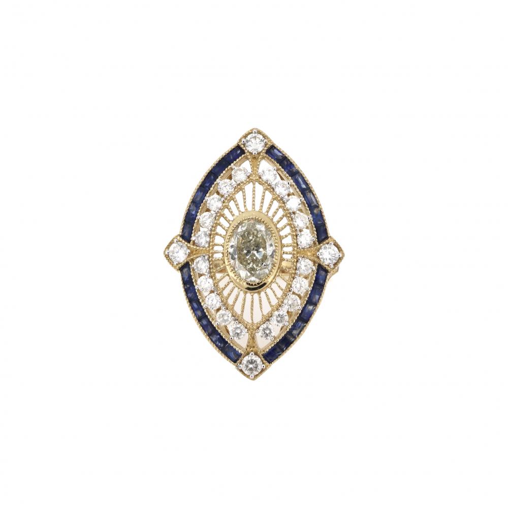 14k Yellow Gold Art Deco Diamond and Sapphire Ring