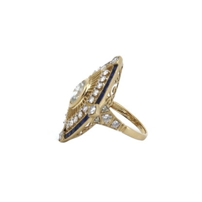 14k Yellow Gold Art Deco Diamond and Sapphire Ring