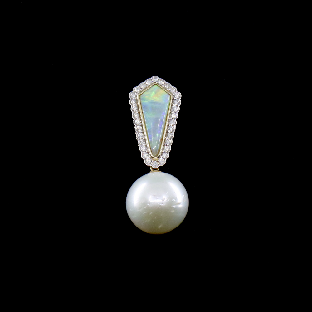 White Cultured South Sea Pearl, Coober Pedy Opal and Diamond Pendant