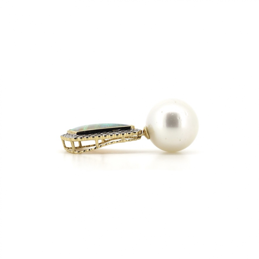 White Cultured South Sea Pearl, Coober Pedy Opal and Diamond Pendant