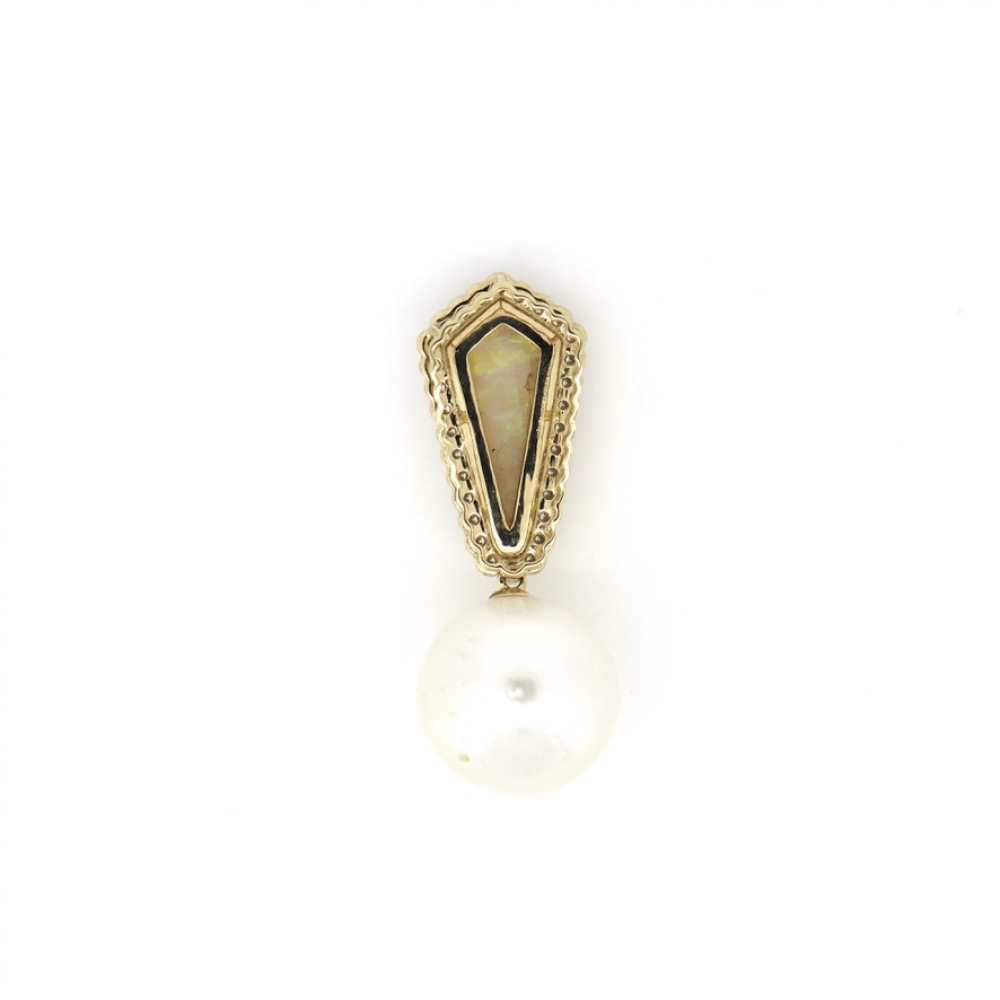 White Cultured South Sea Pearl, Coober Pedy Opal and Diamond Pendant