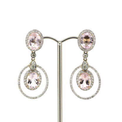 Morganite and Diamond Double Halo Drop Earrings