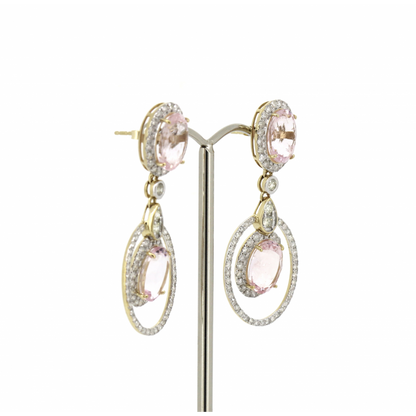 Morganite and Diamond Double Halo Drop Earrings