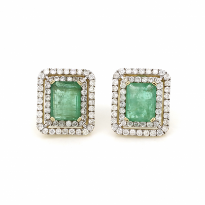 Emerald and Diamond Double Halo Stud Earrings