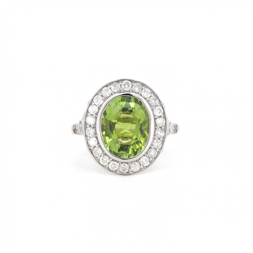 Green Tourmaline and Diamond Halo Ring