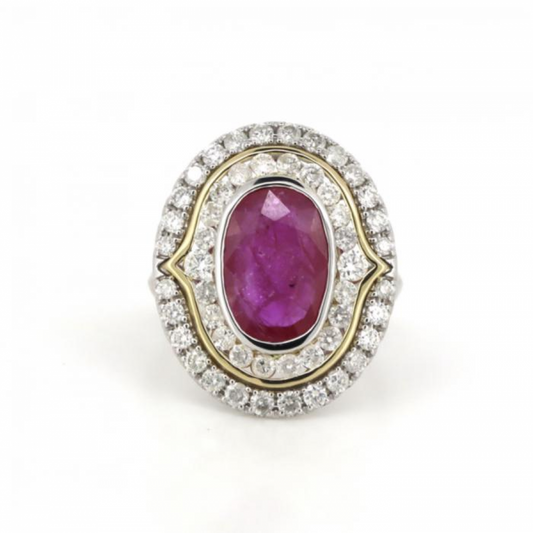 White/Yellow Gold, Ruby and Diamond Double Halo Ring