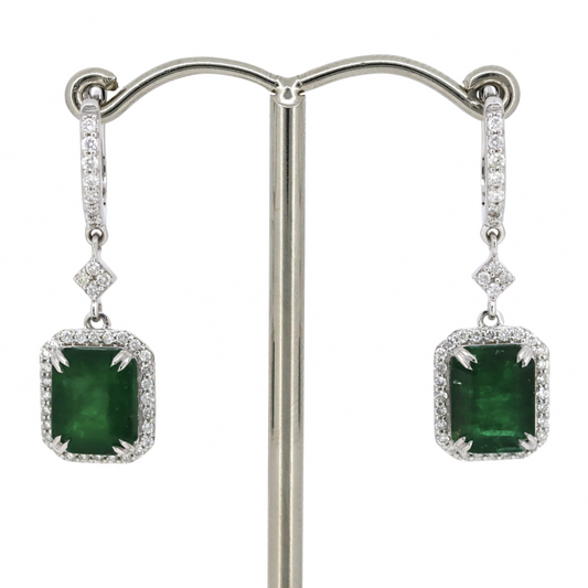 4.65ct White Gold Emerald and Diamond Drop Earrings