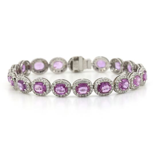 14.08ct White Gold, Pink Sapphire and Diamond, Halo Bracelet