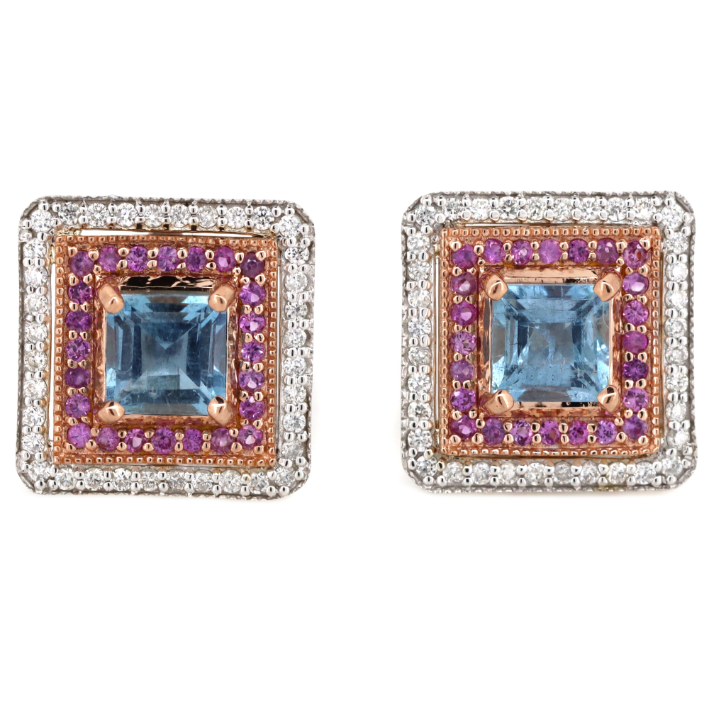 White Gold Aquamarine and Pink Sapphire Halo Stud Earrings