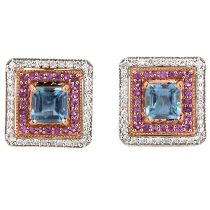 White Gold Aquamarine and Pink Sapphire Halo Stud Earrings